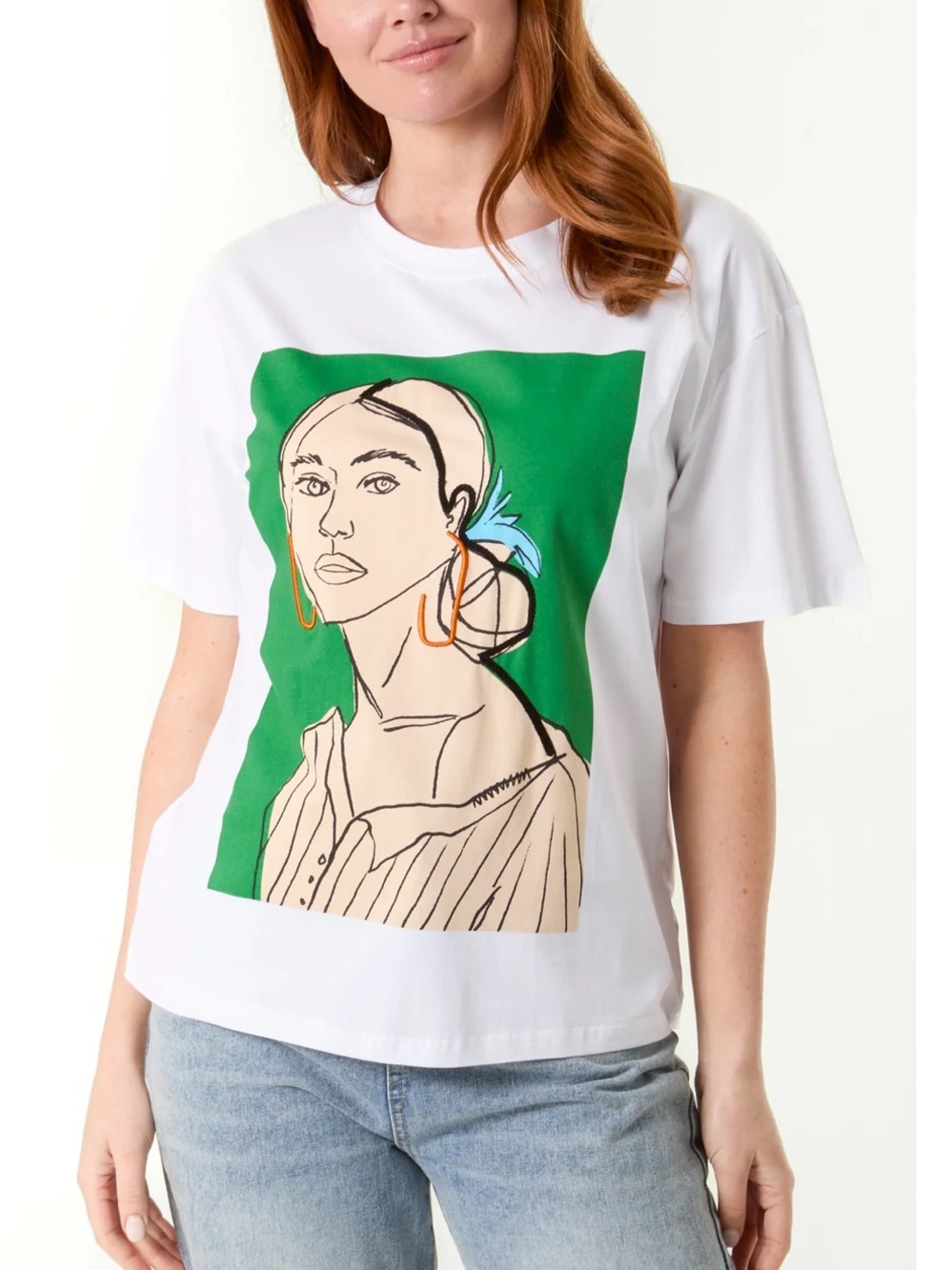 Zara white Tshirt LARGE short sleeve cotton abstract woman portrait embroidered